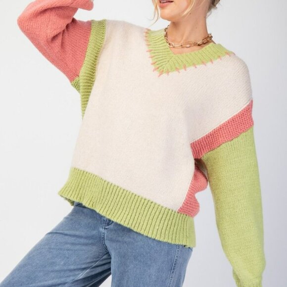 NWT Easel Color Block Knit Pullover Sweater In Oatmeal - Picture 5 of 5